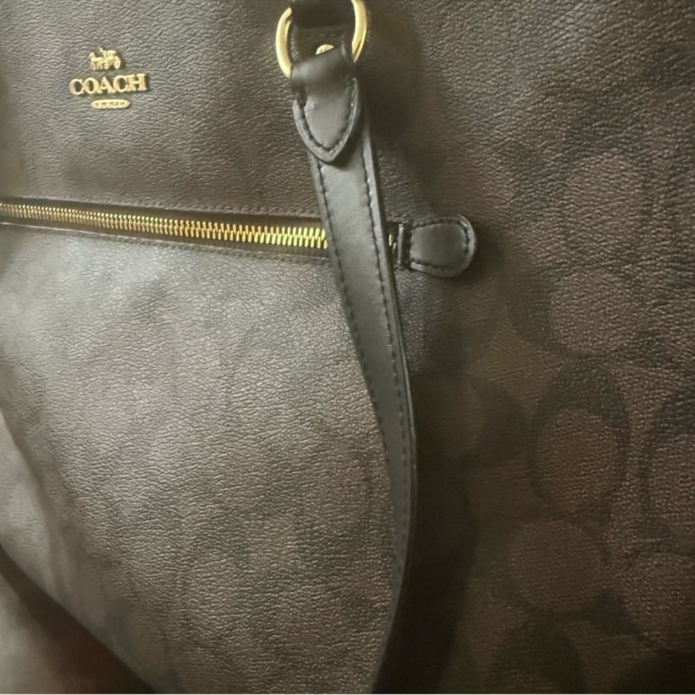 Coach Brown Signature Canvas Tote with Black Straps - Picture 5 of 12